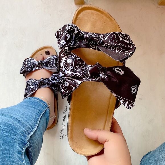Black Bandana Double Bow Sandals Slides - Picture 1 of 4